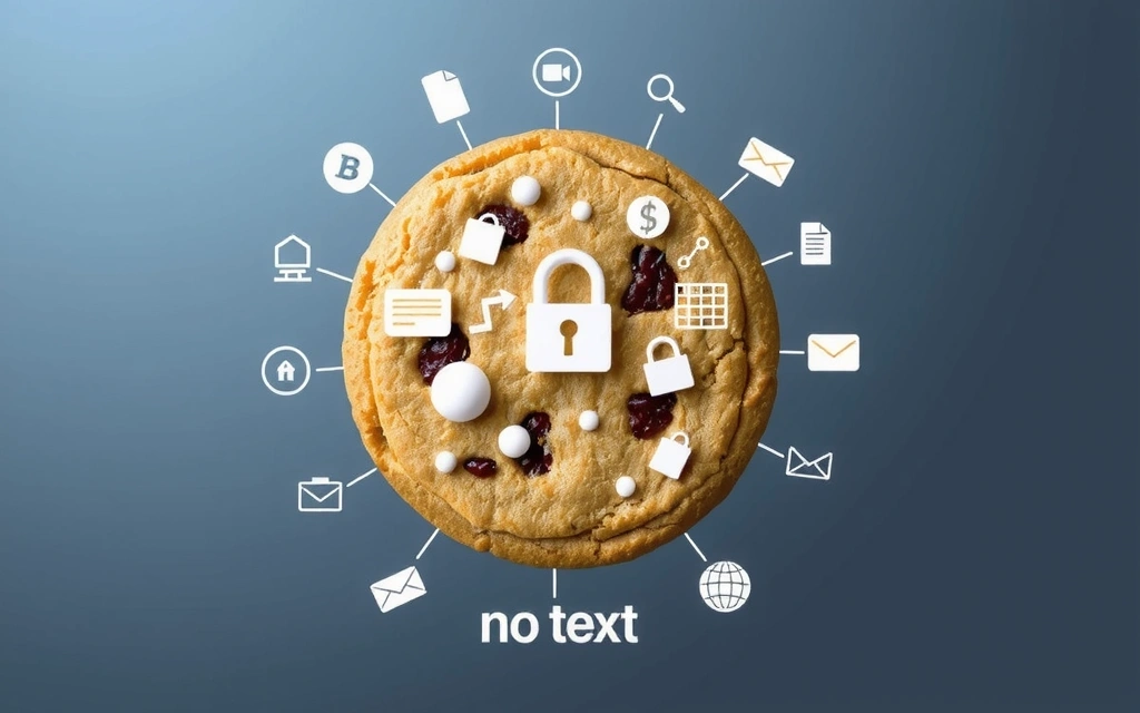 Illustrazione di un biscotto digitale e icone che rappresentano la privacy e la sicurezza dei dati