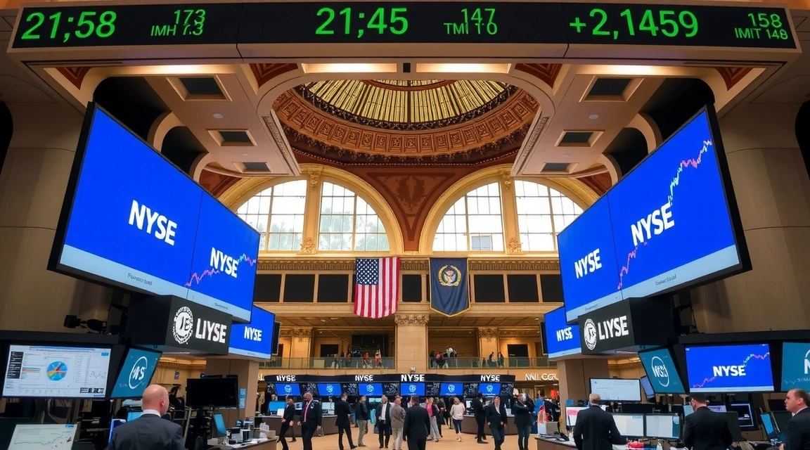 Borsa valori con schermi che mostrano dati finanziari