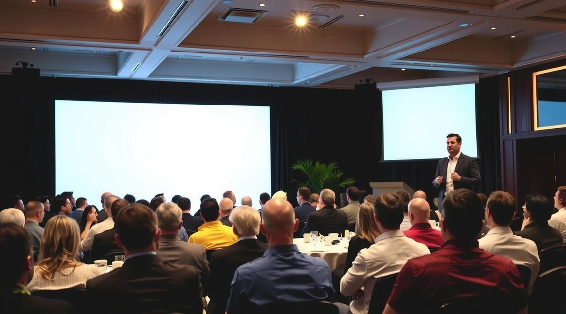 CEO che parla ad una conferenza, con un pubblico attento