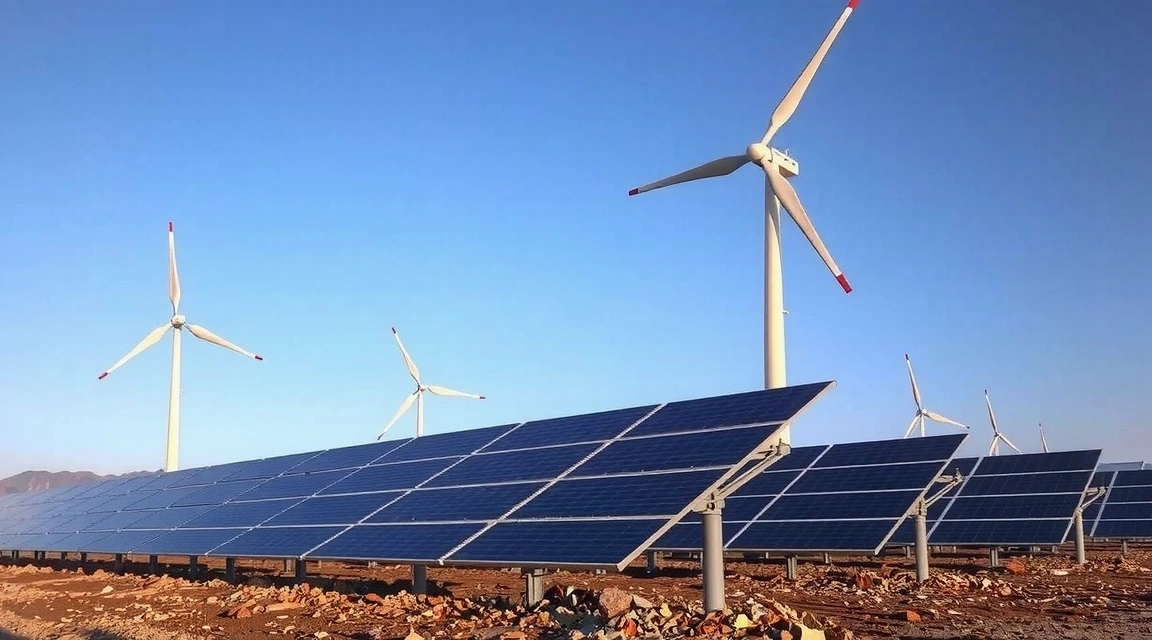 Pannelli solari e turbine eoliche in un paesaggio verde