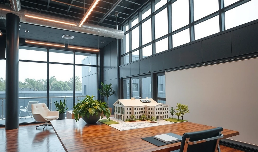 Architetto che progetta un edificio sostenibile con modelli 3D