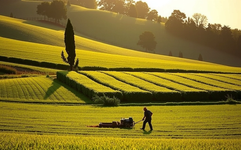 Campi coltivati e agricoltori al lavoro in un paesaggio italiano