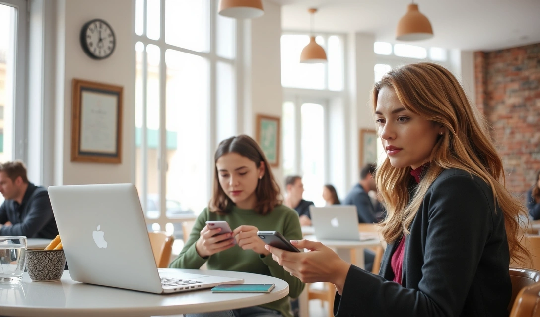 Giovani italiani che usano smartphone e laptop in un caffè
