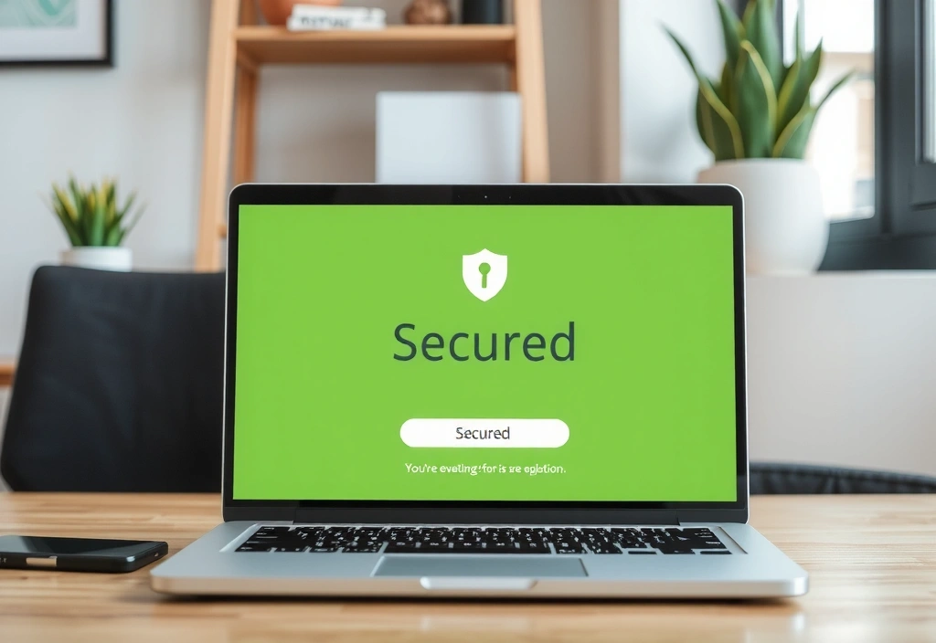 Laptop con software antivirus in esecuzione e schermo verde di sicurezza